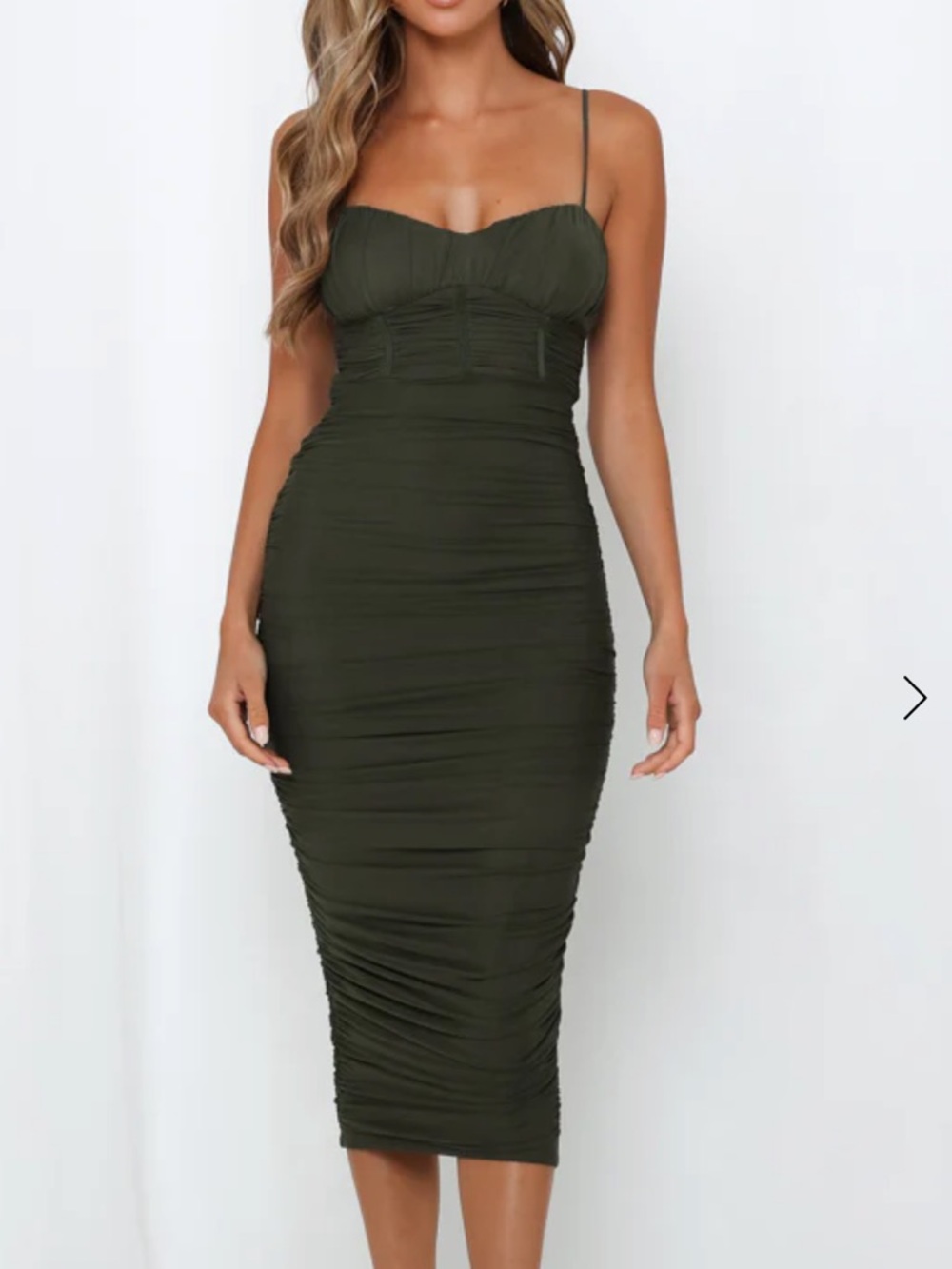 Hello Molly Olive Ruched Midi Dress with Spaghetti Straps